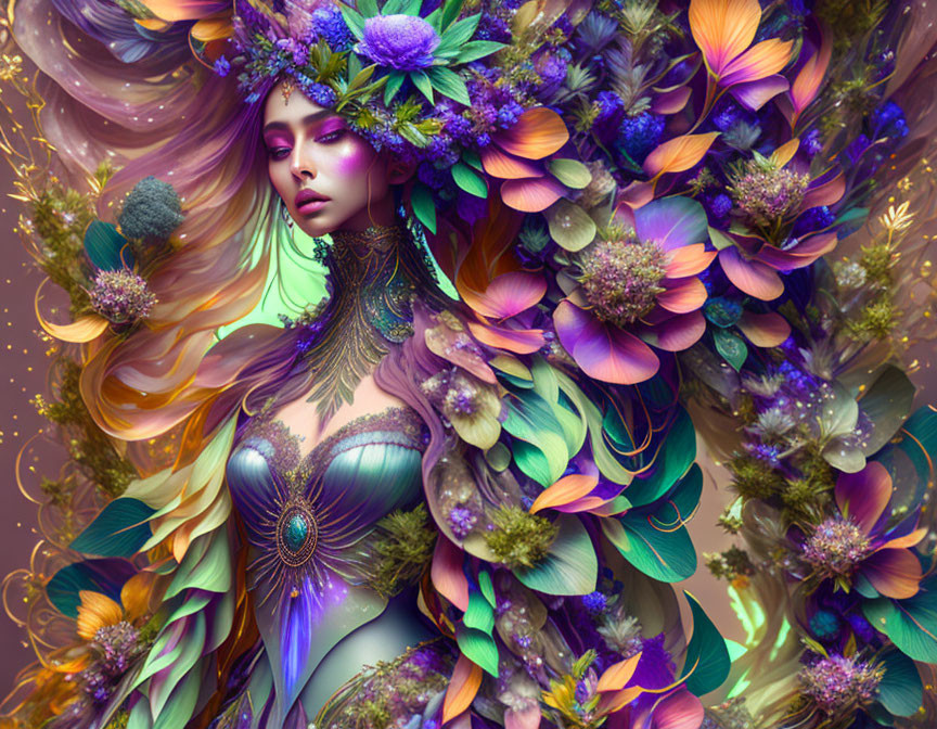 Colorful Flora and Feathers Adorn Mystical Woman