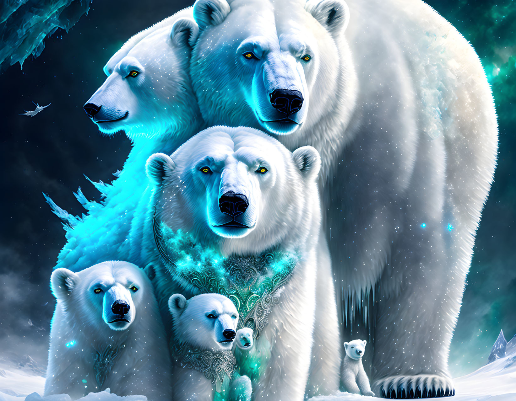 Five ethereal polar bears in snowy landscape under starry sky