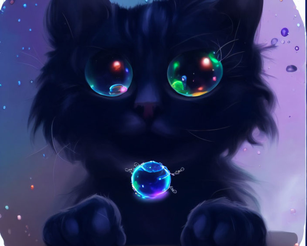 Illustration of fluffy black cat with galaxy eyes and pendant in cosmic setting