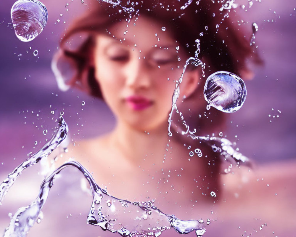 Dynamic water splashes around woman on blurred purple background