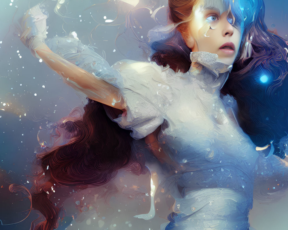 Surreal digital artwork of girl in cosmic blue and white environment