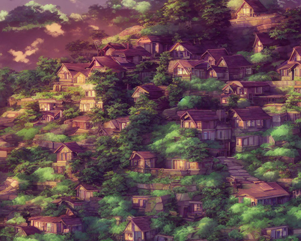 Charming village with rustic houses in lush greenery at sunset