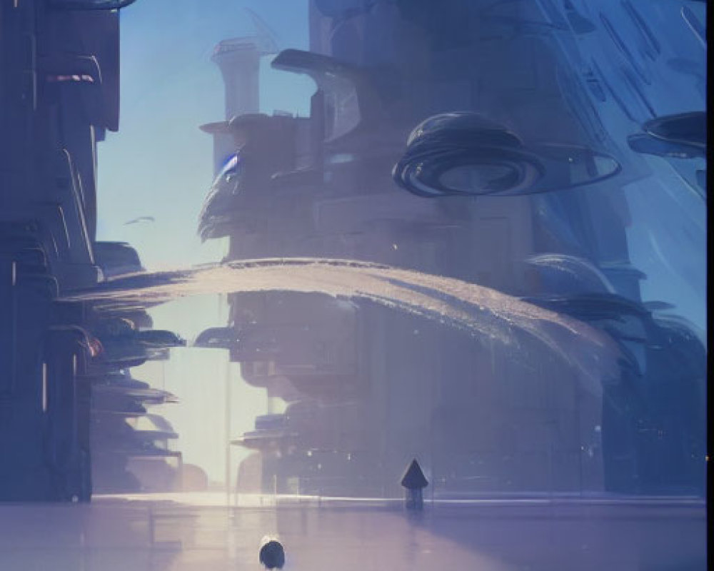 Figure in front of futuristic cityscape with towering structures and floating vehicles.