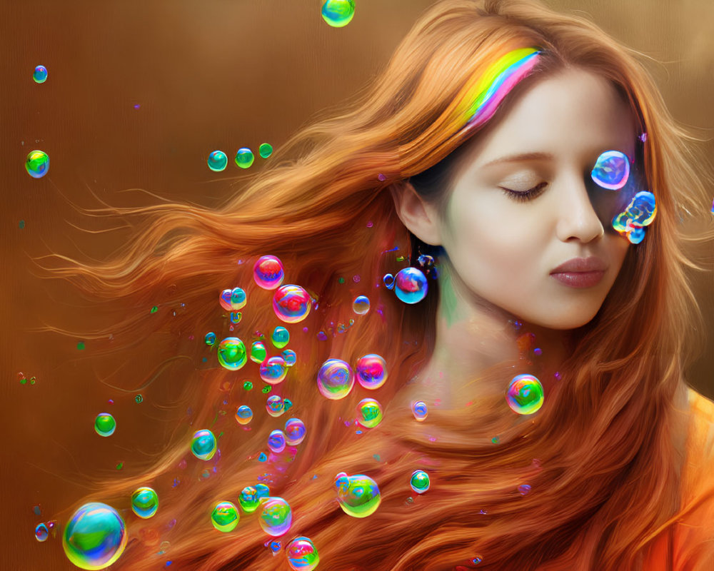 Woman with Red Hair Surrounded by Soap Bubbles on Brown Background