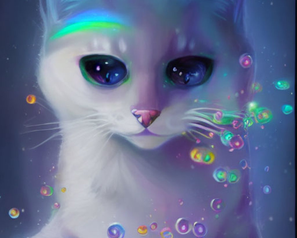 Digital Artwork: White Cat with Glowing Blue Eyes and Iridescent Bubbles