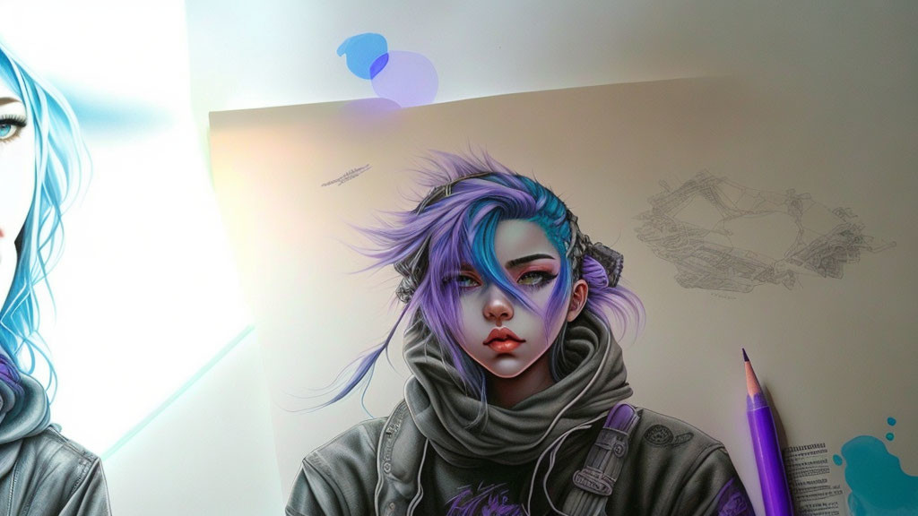 Stylized female figure with blue and purple hair in gray hoodie, reflecting with pencil and sketches.