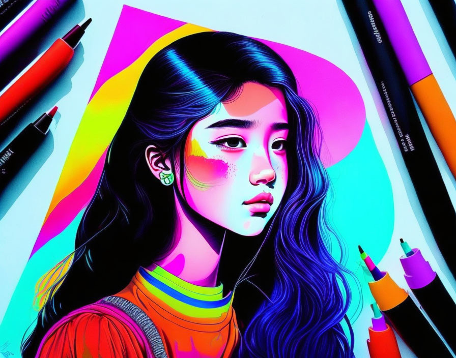 Vibrant illustration of stylized woman with markers and geometric shapes