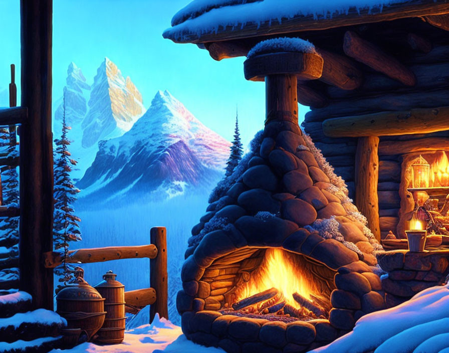 Snow-covered cabin with glowing fireplace in twilight scene.