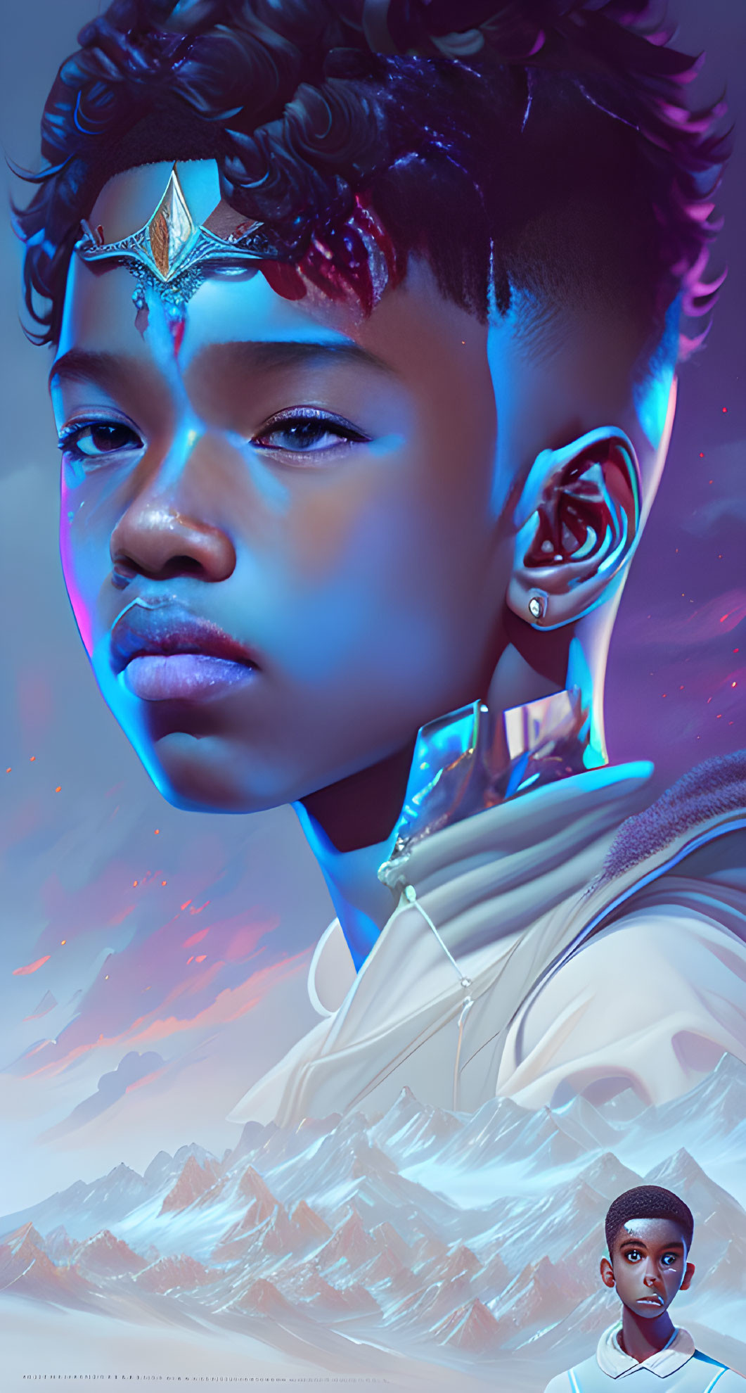 Close-up digital artwork of a boy with futuristic elements against a mountainous backdrop