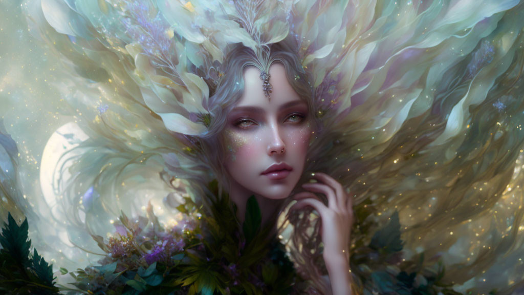 Ethereal character with flowing hair in mystical forest scene