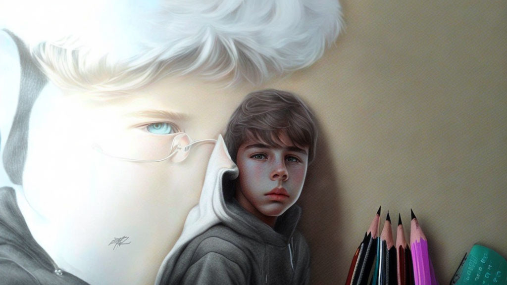 Melancholic boy portrait with sketched version and colored pencils