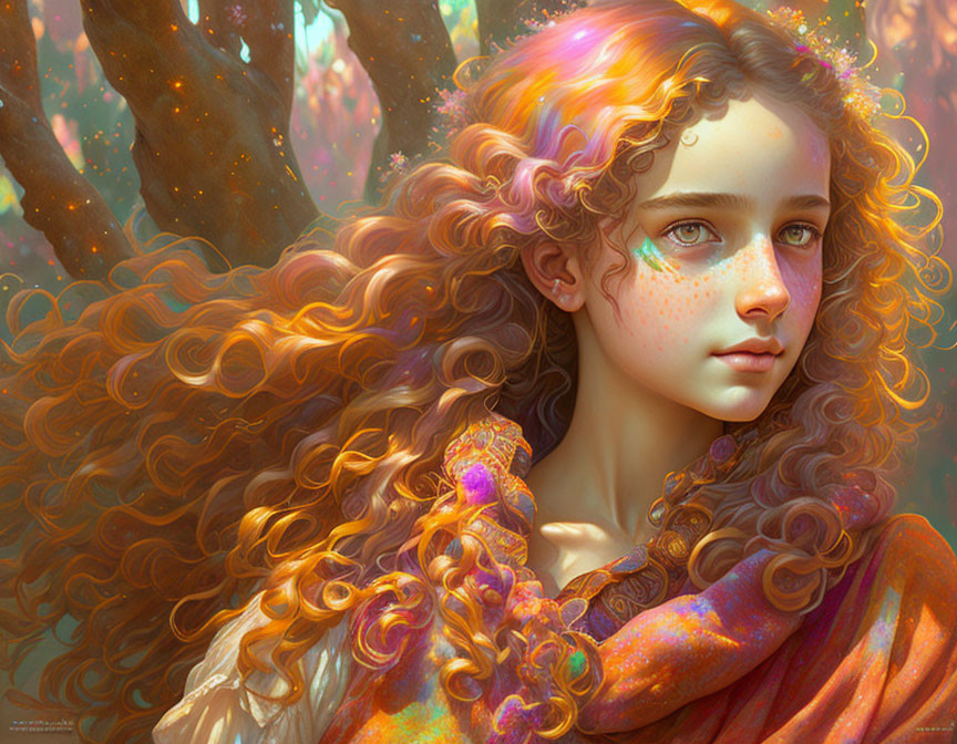 Digital painting: Young girl with auburn hair in ethereal forest