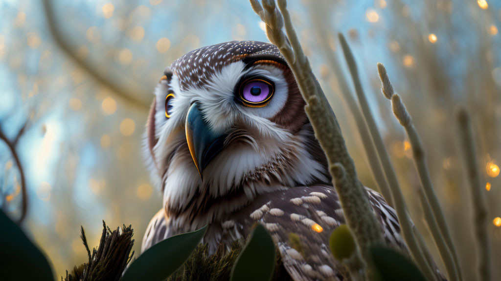 Majestic owl with purple eyes in natural setting.