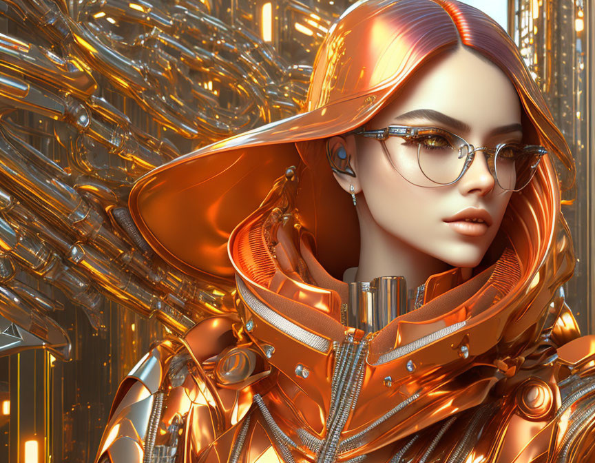 Futuristic digital artwork of woman in orange metallic suit with glasses