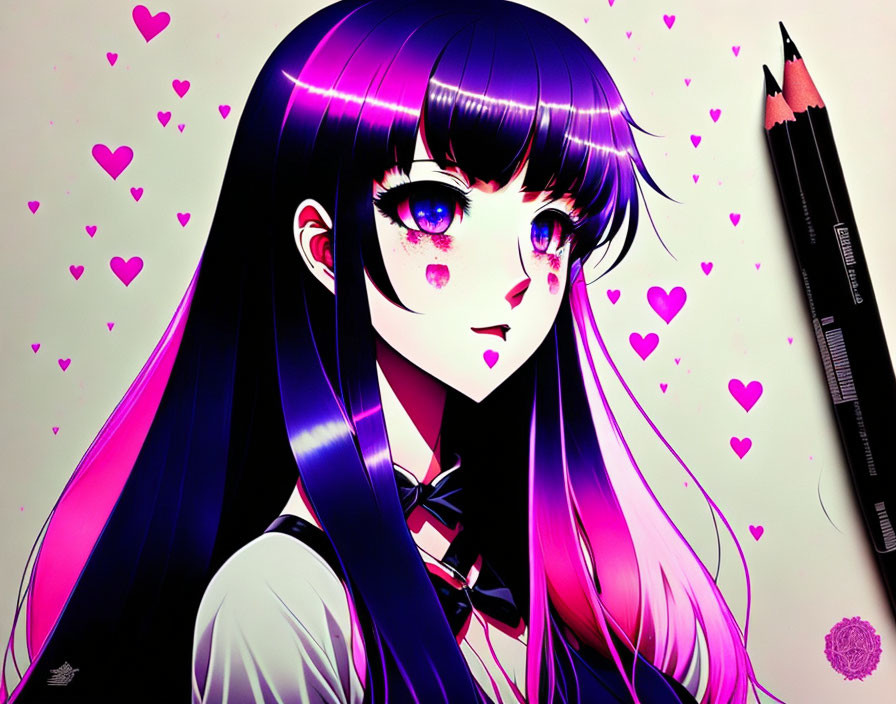 Purple-haired anime girl with heart-shaped blush and floating hearts beside a pencil in pink and purple hues.