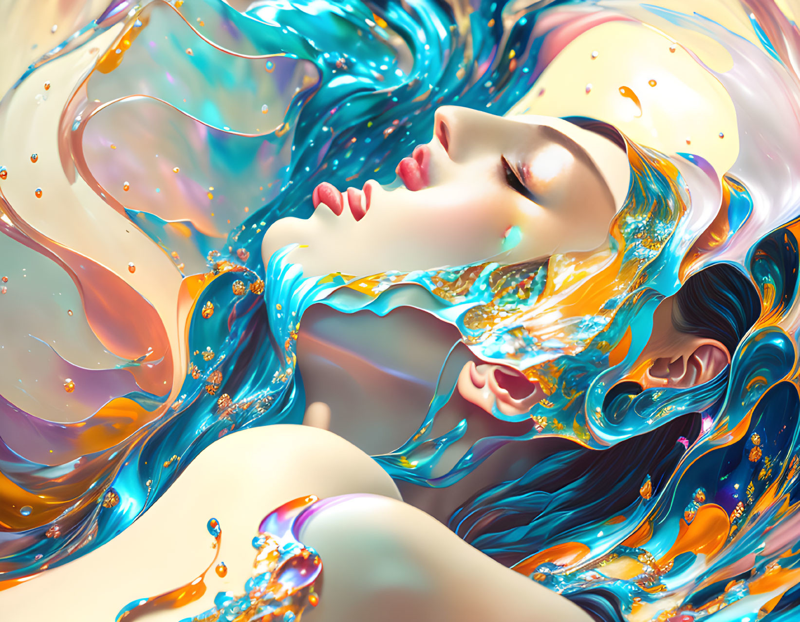 Vibrant illustration of woman in swirling liquid evokes dreamlike beauty