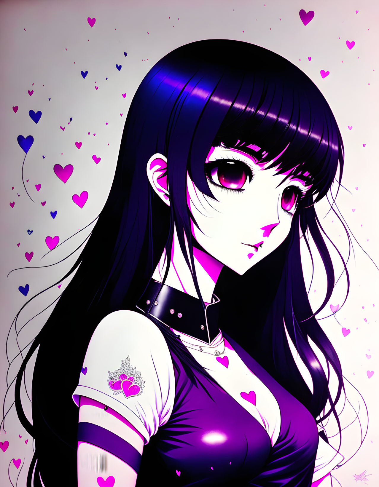 Anime-style illustration: Girl with long black hair, purple eyes, in purple outfit with heart motifs,