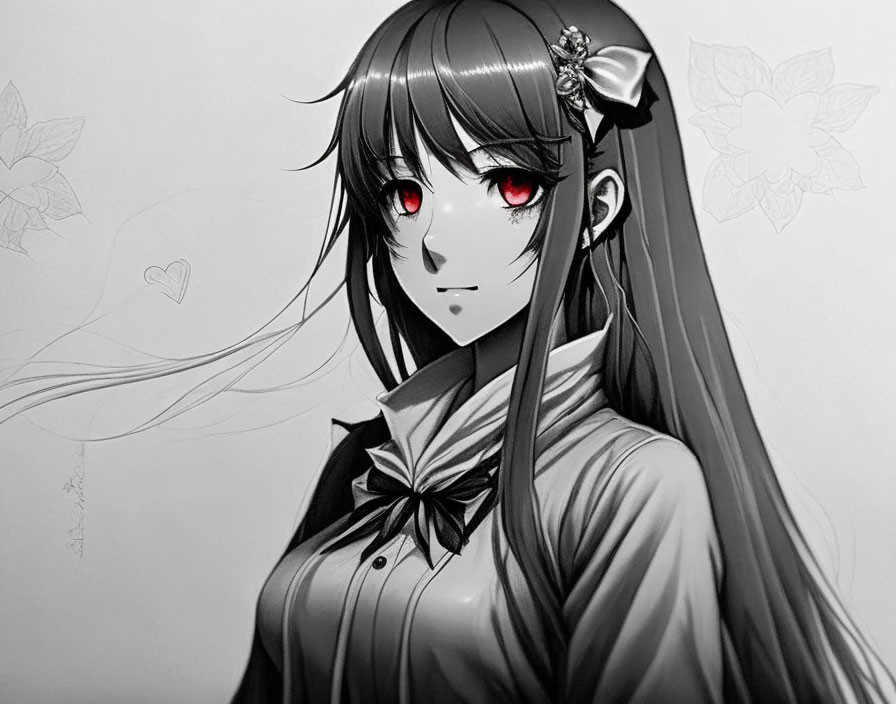 Monochrome drawing of girl with bow, red eyes, and floral background