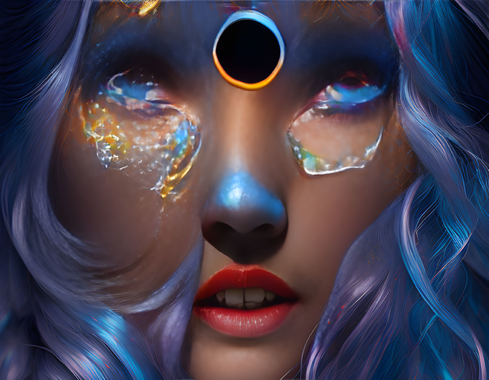 Person with Blue Skin and Space-themed Makeup: Planets, Stars, and Solar Eclipse Featured