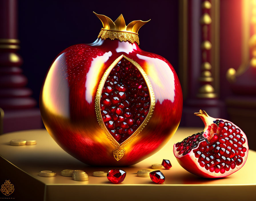 Stylized large ornate pomegranate with crown beside real piece, surrounded by gold coins