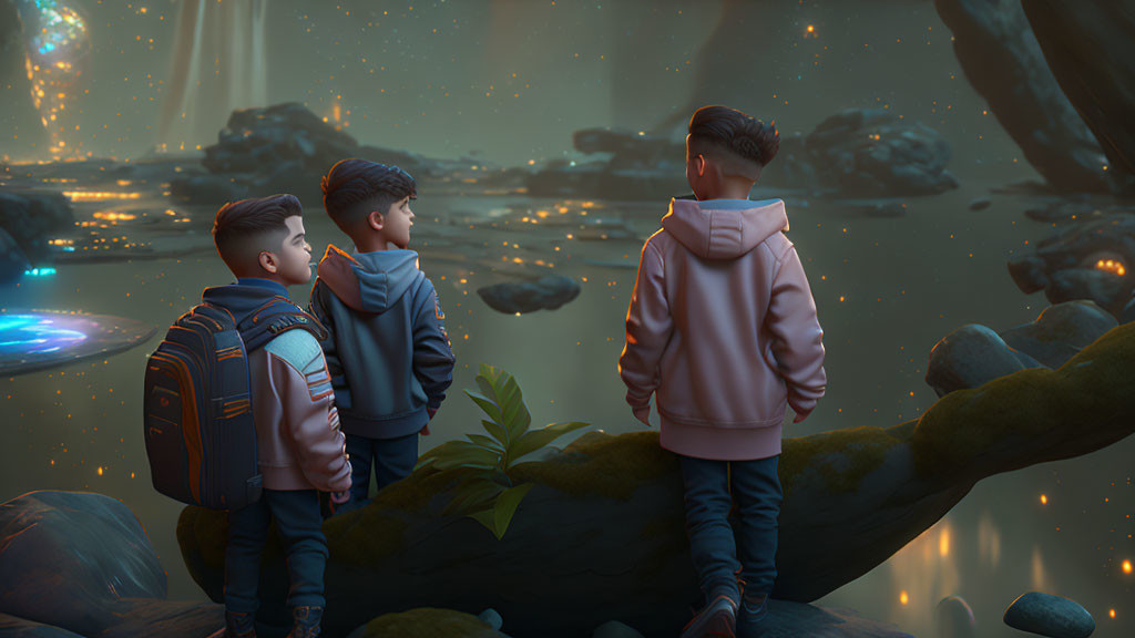 Three boys on rock gaze at mystical landscape with floating rocks and glowing plants at dusk.