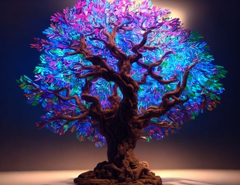 Vibrant blue and purple artificial tree on intricate brown trunk against gradient backdrop