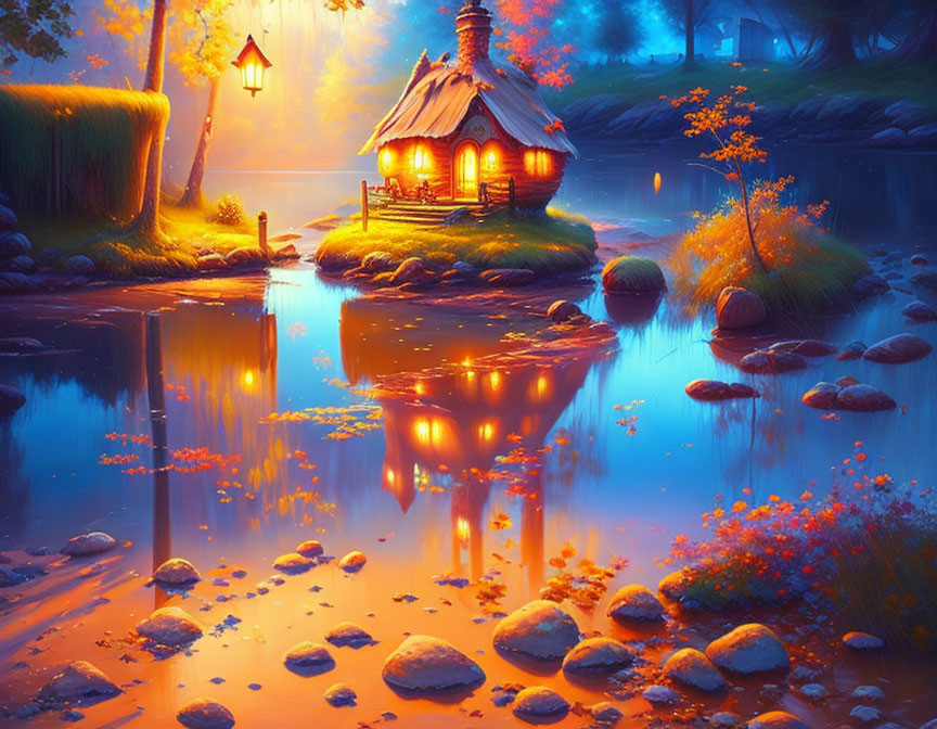 Tranquil autumn lake scene with cozy illuminated cottage