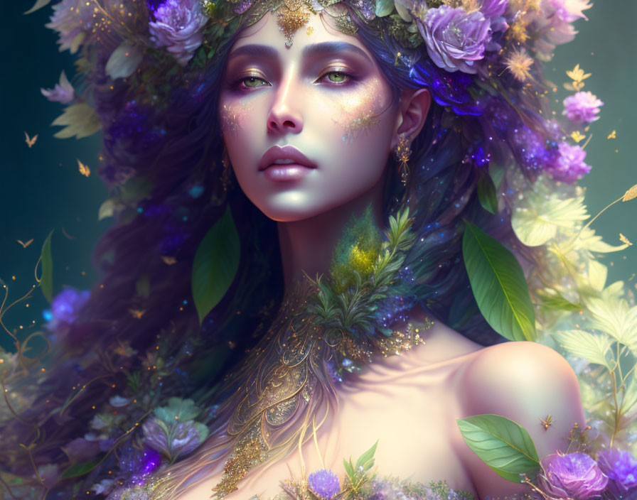 Fantasy portrait of woman with floral wreath and golden details