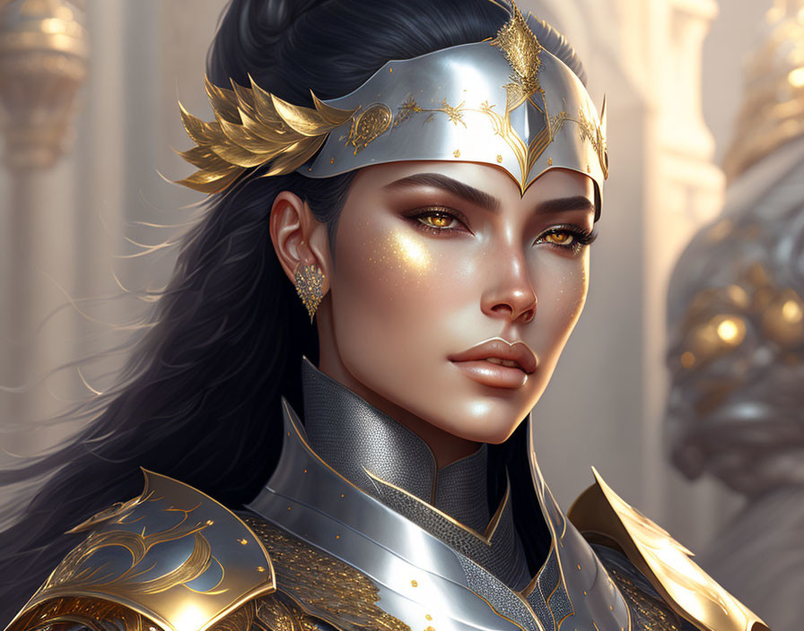 Digital art portrait of woman in golden armor and crown with intricate designs.