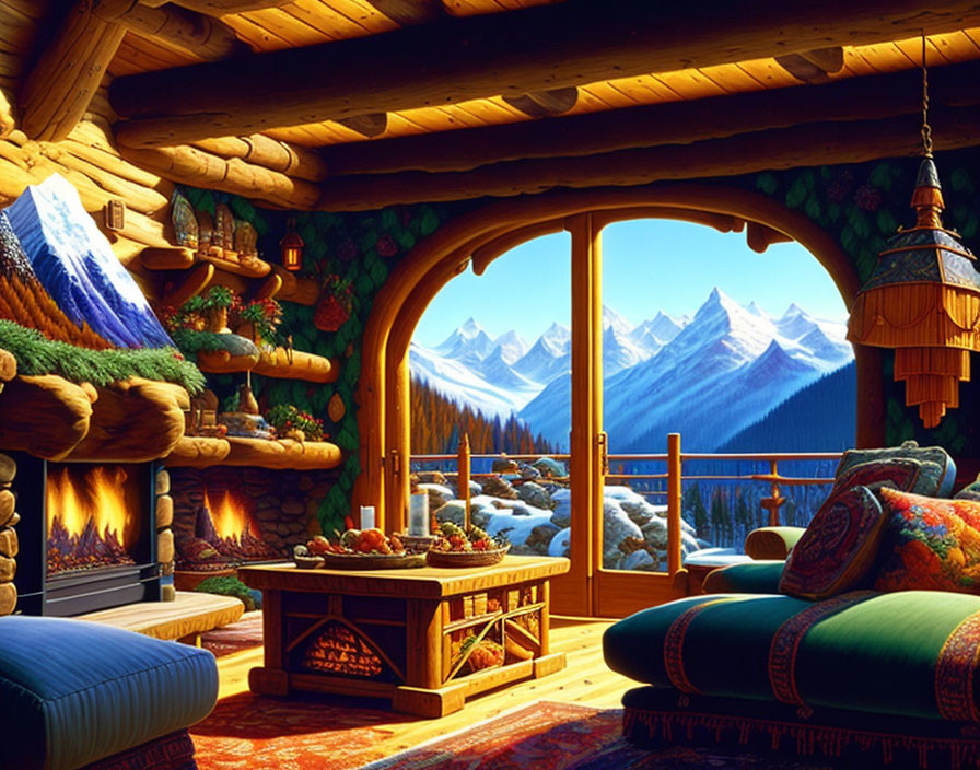 Rustic wooden cabin interior with fireplace & mountain view