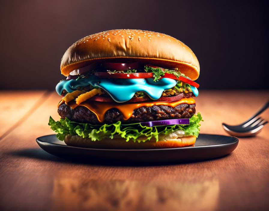 Double Cheeseburger with Lettuce, Tomatoes, Onions, and Sauces on Black Plate