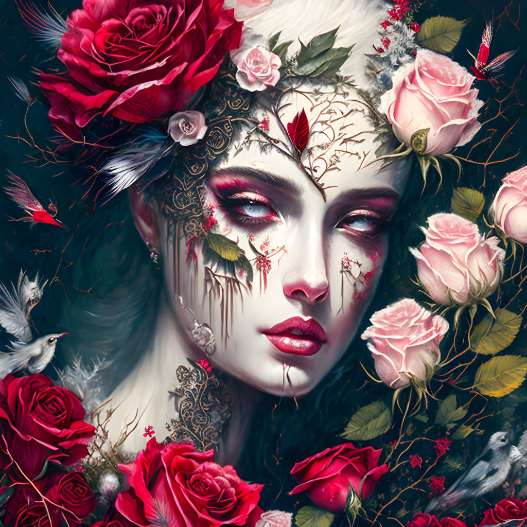 Illustrated woman with ornate makeup, surrounded by roses, birds, and tattoos