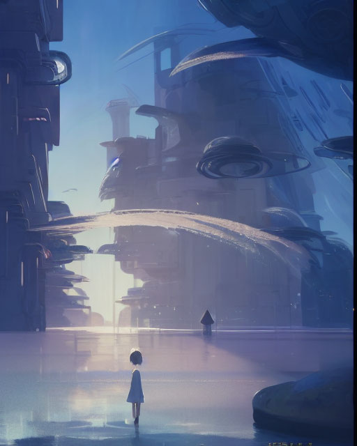 Figure in front of futuristic cityscape with towering structures and floating vehicles.