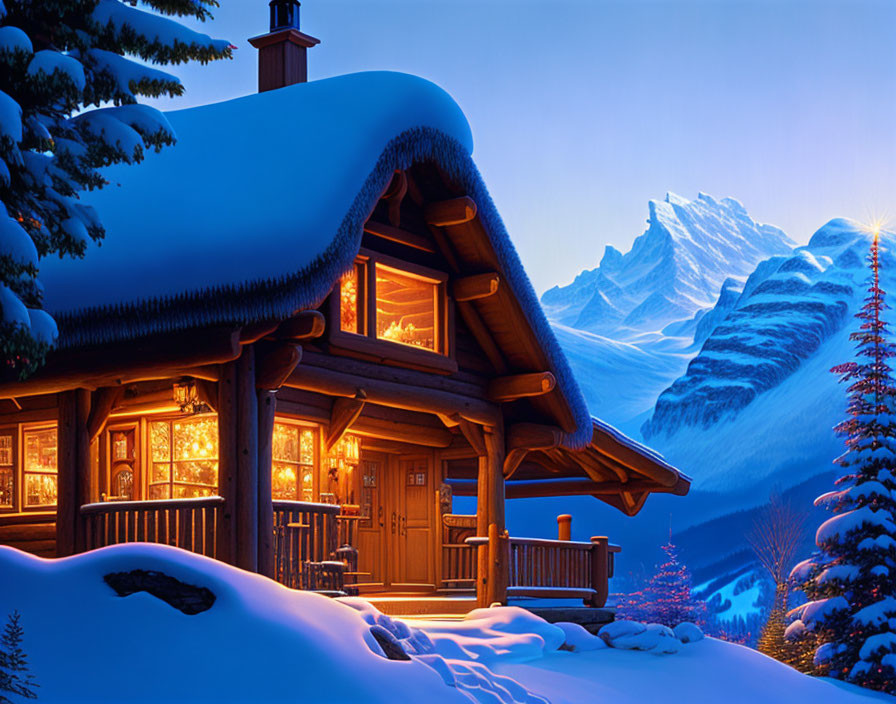 Snow-covered log cabin in tranquil winter landscape at dusk