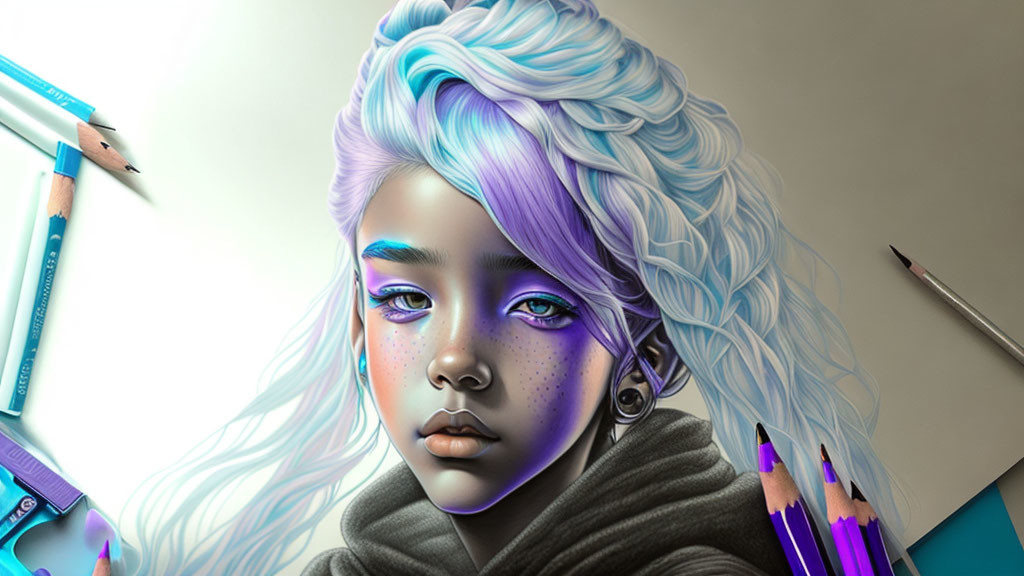 Fantasy-themed digital art: Girl with blue hair and eyes, surrounded by colored pencils