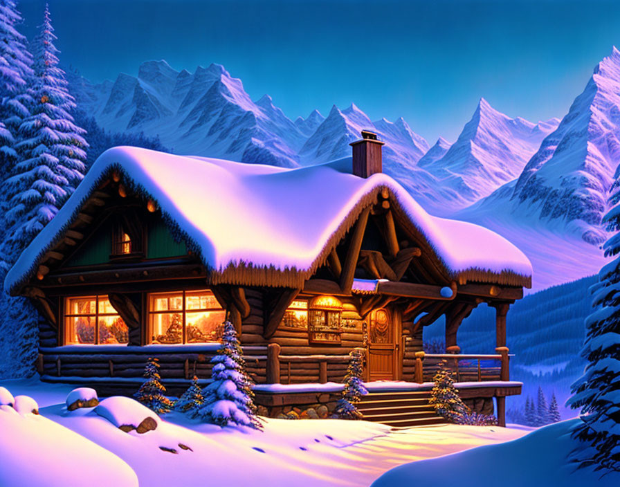 Snowy Twilight Scene: Cozy Log Cabin and Mountains