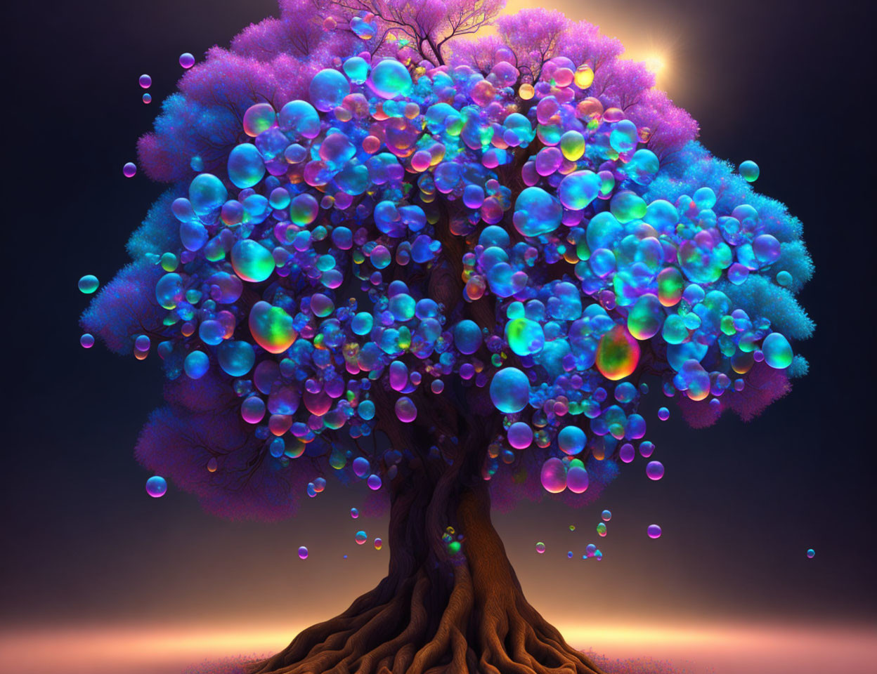 Colorful Luminescent Orbs Adorning Whimsical Tree at Twilight