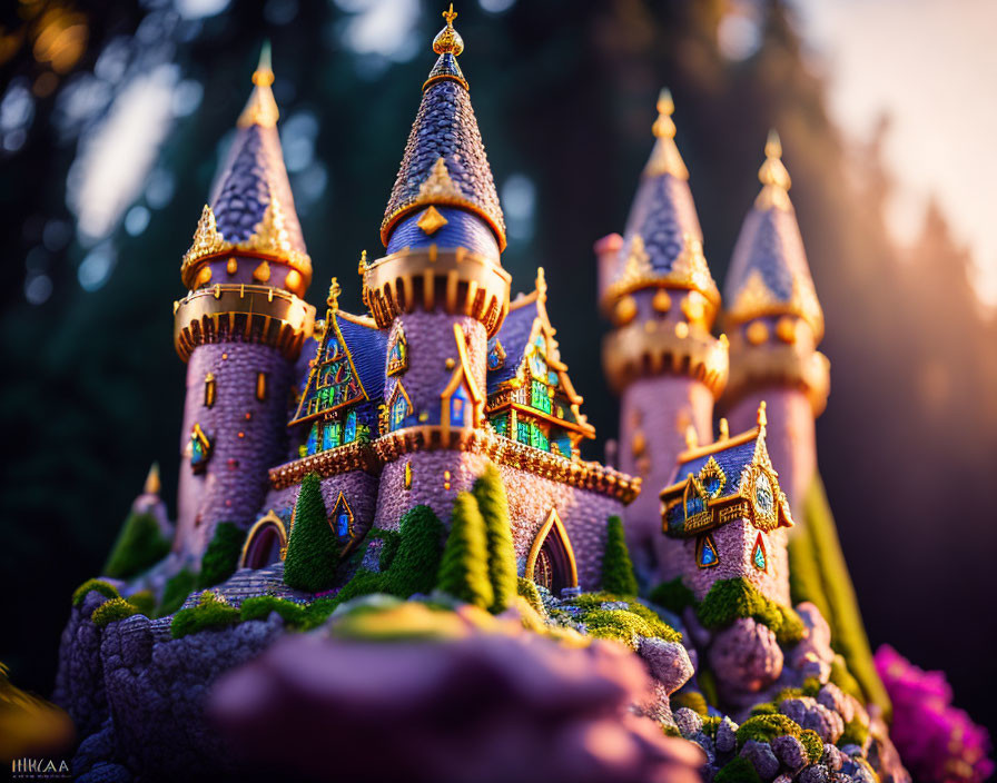 Miniature fairy tale castle bathed in golden sunlight amid lush backdrop