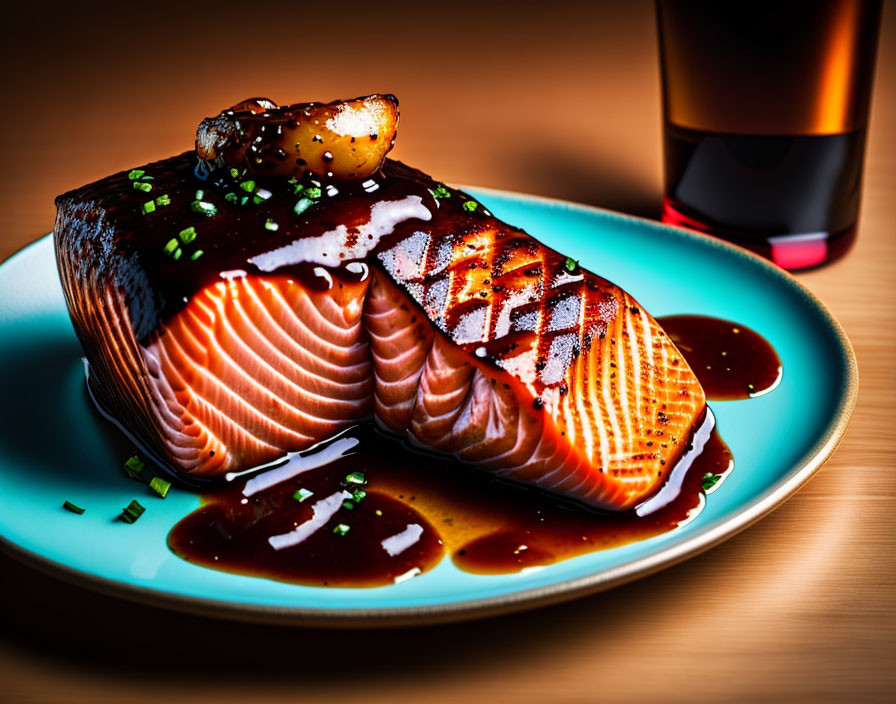 Grilled Salmon Fillet with Glaze and Green Onions on Blue Plate