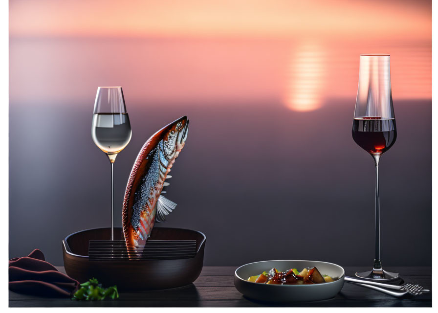 Cooked fish and wine glass on plate with food dish against sunset backdrop