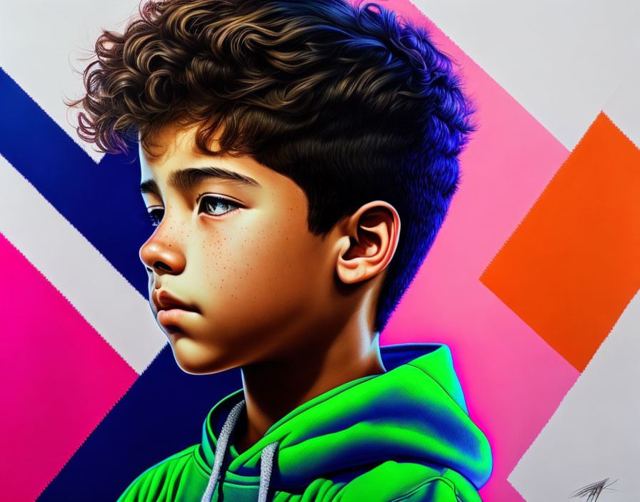 Young boy with curly hair in green hoodie on vibrant geometric background