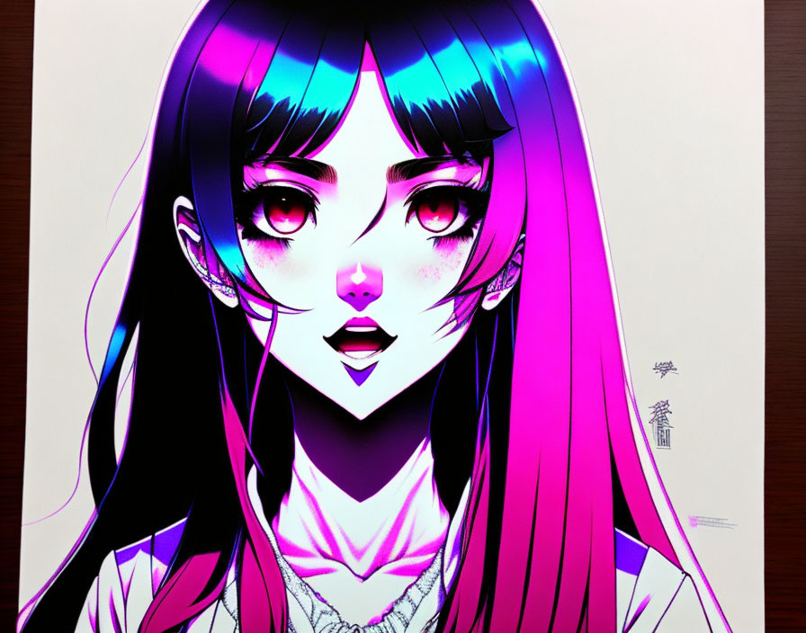 Colorful anime-style art of girl with pink and blue hair & traditional clothing