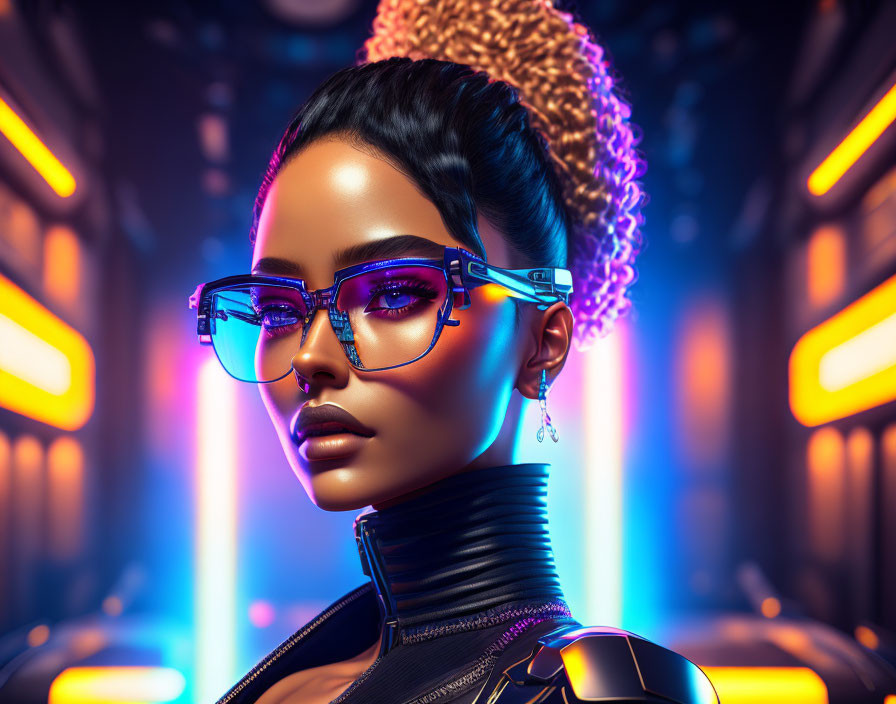 Futuristic woman with blue glasses and braided updo in neon-lit sci-fi setting