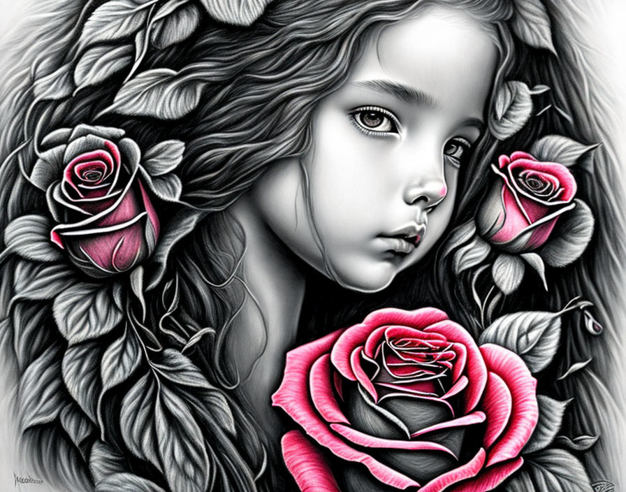 Monochromatic girl portrait with detailed roses in greyscale and pink tones