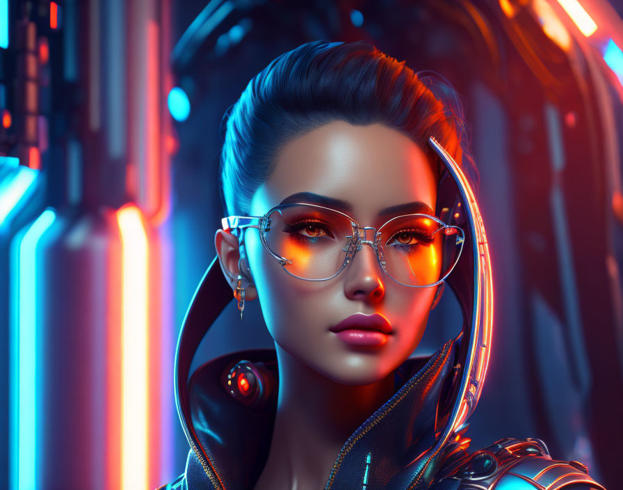 Woman with sleek hair and modern glasses under vibrant neon lights