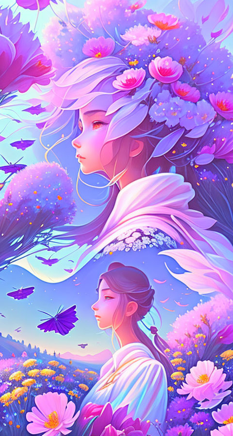 Colorful surreal illustration of two women in dreamlike setting with butterfly