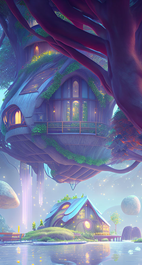 Digital artwork: Whimsical treehouse in mystical forest with glowing windows