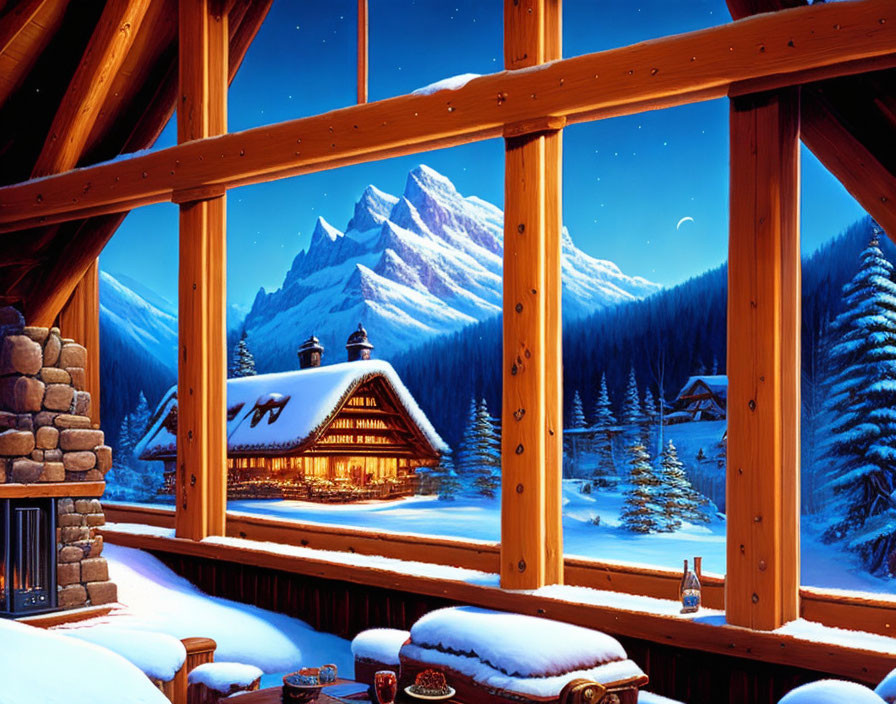 Snowy Twilight Landscape: Cozy Cabin, Illuminated Windows, Moon & Mountains