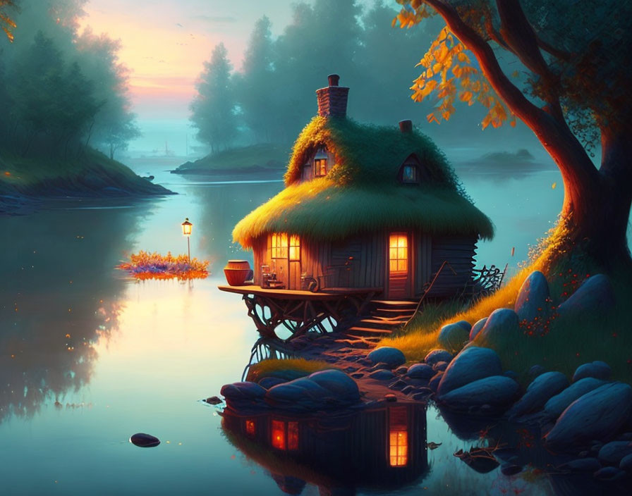 Tranquil twilight scene of a thatched-roof cottage by a serene river