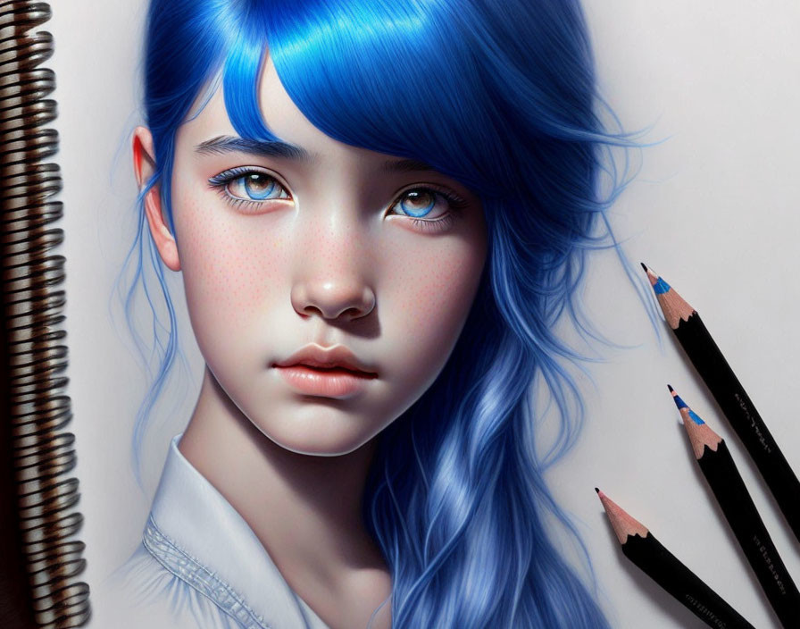 Girl with Striking Blue Hair and Eyes in Detailed Digital Art Style